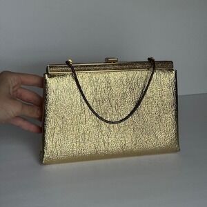 Ande Vintage Metallic Gold Textured Evening Clutch Bag Gold Tone Chain Strap